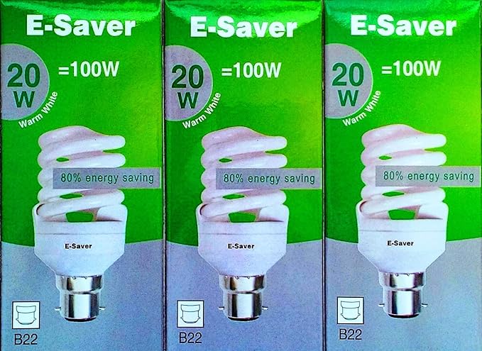 Pack of 3, E-Saver CFL Full Spiral, 20w = 100watt, Warm White 2700k, Compact Fluorescent Lamp, Bayonet Cap (BC, B22, B22d) 1150 Lumen, T2, 80%-85% Energy Saving Light Bulb, Flicker Free, 10,000 Hours Life Time