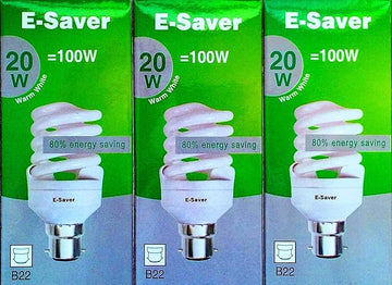 Pack of 3, E-Saver CFL Full Spiral, 20w = 100watt, Warm White 2700k, Compact Fluorescent Lamp, Bayonet Cap (BC, B22, B22d) 1150 Lumen, T2, 80%-85% Energy Saving Light Bulb, Flicker Free, 10,000 Hours Life Time