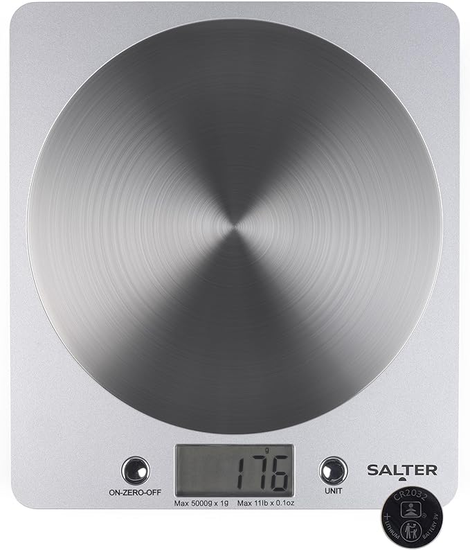 Salter Digital Kitchen Weighing Scales - Slim Design Electronic Cooking Appliance for Home/Kitchen, Weigh Food up to 5kg + Aquatronic for Liquids ml and fl. Oz. 15Yr Guarantee - Silver
