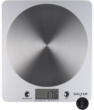Salter Digital Kitchen Weighing Scales - Slim Design Electronic Cooking Appliance for Home/Kitchen, Weigh Food up to 5kg + Aquatronic for Liquids ml and fl. Oz. 15Yr Guarantee - Silver